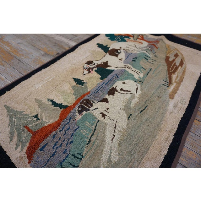 American 1930s Ivory Scene Animal Antique American Hooked Rug 2' 0" X 3' 6" Handknotted Wool Carpet For Sale - Image 3 of 11