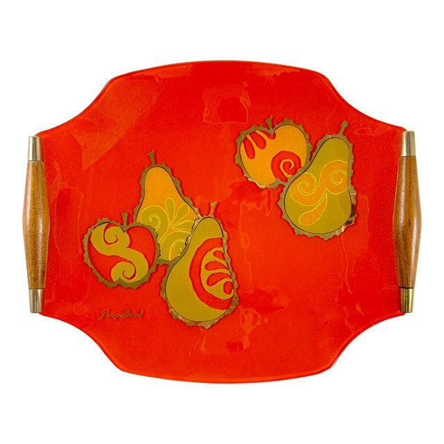 Briard Mandarin Orange Pageant Fruit Glass & Wood Tray, 1964 For Sale