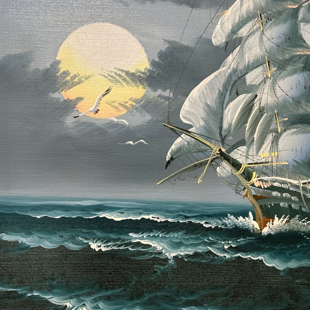 Original Oil Painting of a Tall Ship at Sea Signed by H