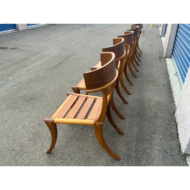 Yellow Teak Klismos Patio Dining Chairs. - Set of 6 For Sale - Image 8 of 17