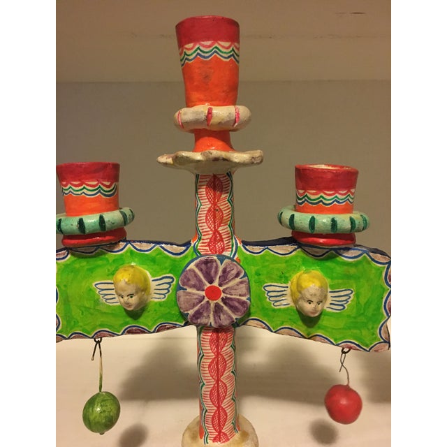 Vintage Mexican Pottery Folk Art Candle Holders Trees of Life a Pair