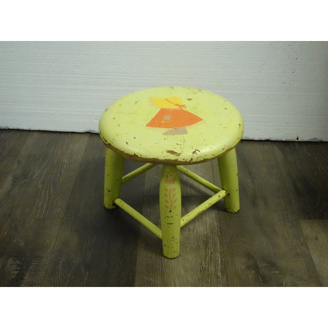 Vintage French Country Lime Green Rustic Footstool Stool W a Child Pictured For Sale - Image 4 of 16