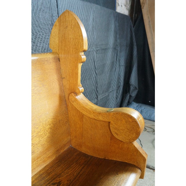 Late 19th Century 2 Antique Gothic Revival Quartersawn Oak Carved Church Pews Deacon Bench Pair For Sale - Image 5 of 18