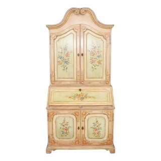 1940s Italian Venetian Secretary Desk – Hand-Painted Floral Decor, Distressed Finish For Sale
