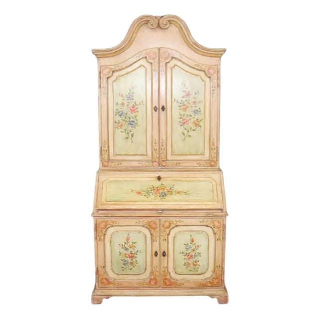 1940s Italian Venetian Secretary Desk – Hand-Painted Floral Decor, Distressed Finish For Sale