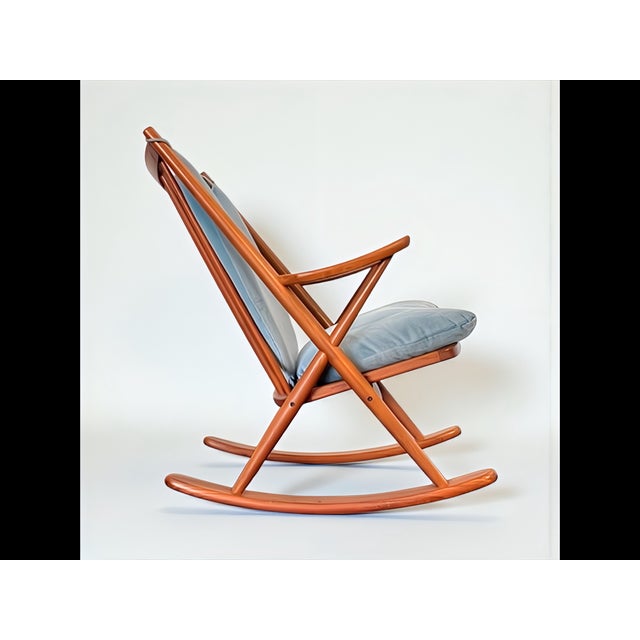 Teak Rocking Chair with Mohair Velvet Cover in Ice Blue by Frank Reenskaug for Bramin, Denmark, 1960s For Sale - Image 9 of 17