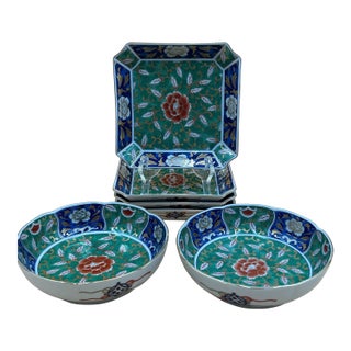 Vintage Japanese Imari Style Porcelain Bowl & Plate Set – Kozan Gama, 6 Pieces For Sale