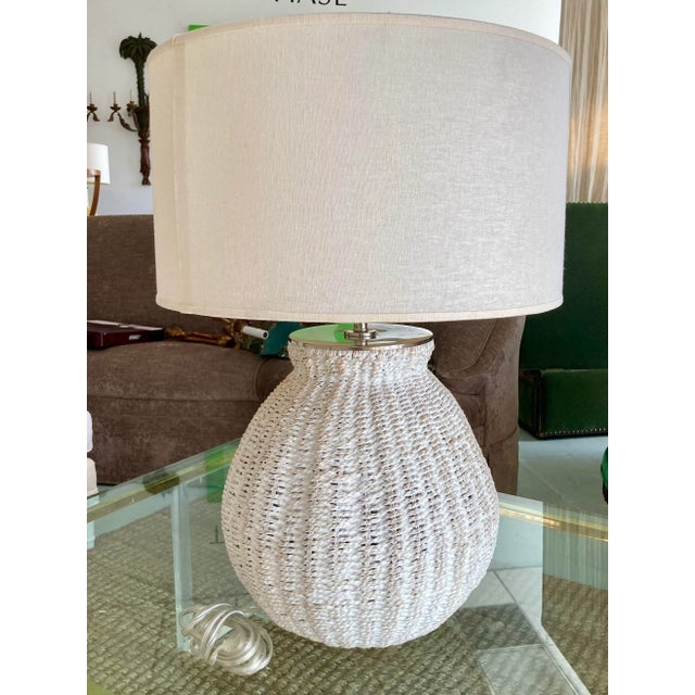 Boho Chic White Washed Wicker Basket Lamp With Chrome Fittings For Sale - Image 3 of 9