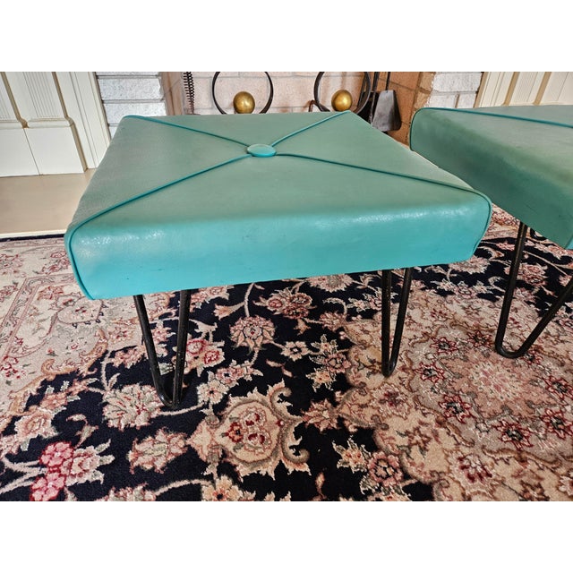A Nice Pair of Matching Retro Mod Turquouse Vinyl Foot Stools with Steel Hairpin Legs.