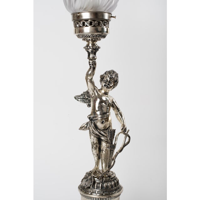 1950s 1950s Spanish Empire Silver-Plated Cast Brass Cupid Cherub Lamp With Scavo Flame Shade For Sale - Image 5 of 13