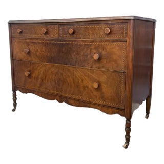 Possibly Early 19th Century Likely Mahogany Chest of Drawers With Dovetailed Drawers, Burl Accents, Wood Inlay, and Turned Knobs, Stamped For Sale