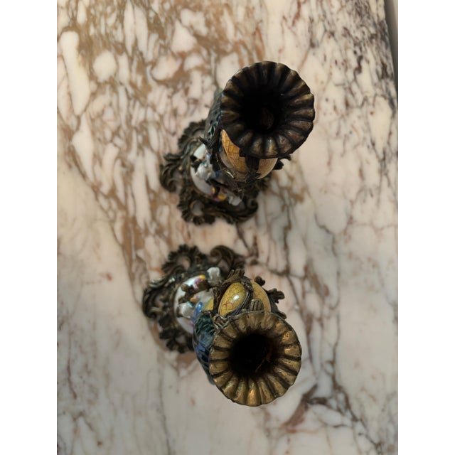 Mid 20th Century Vintage Pair of Porcelain and Bronze Ormolu Parrot Candlesticks For Sale - Image 5 of 10