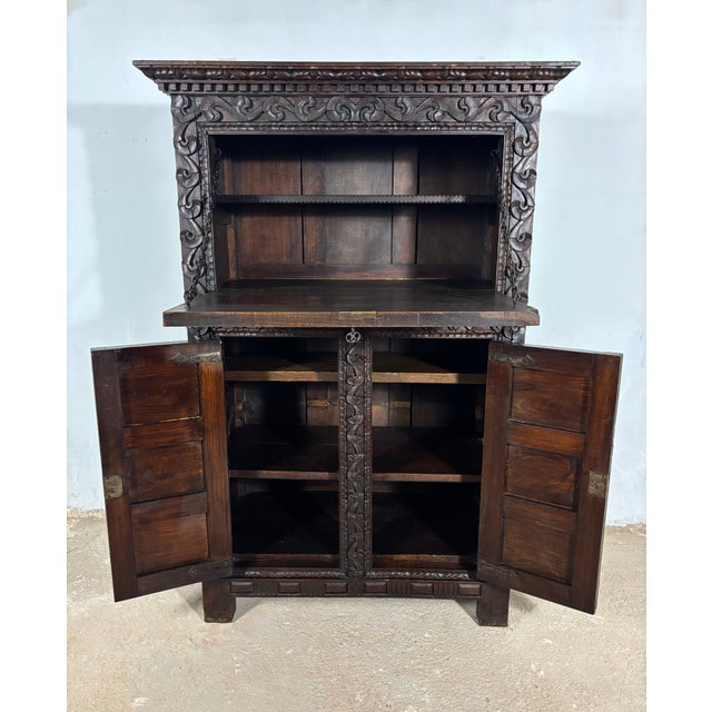 Antique Baroque Oak Fall-Front Cabinet with Deep Carved Decoration, 1880 For Sale - Image 10 of 18