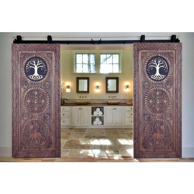 Wood Hand-Carved Solid Wood Barn Door With Tree of Life & Mythological Griffin Motifs – Artisan Entry Door For Sale - Image 7 of 8