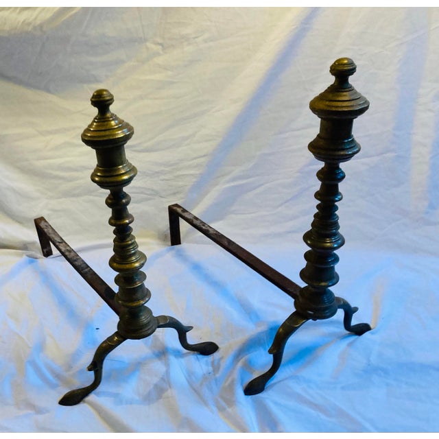 Traditional Antique Edwardian Turned Brass Andirons Cast Iron Stands For Sale - Image 3 of 7