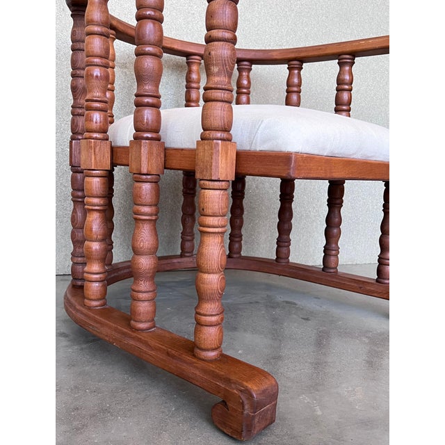 Early 20th Century Pair of Spanish Slatted Barrel Back Hand Carved Chairs For Sale - Image 14 of 18