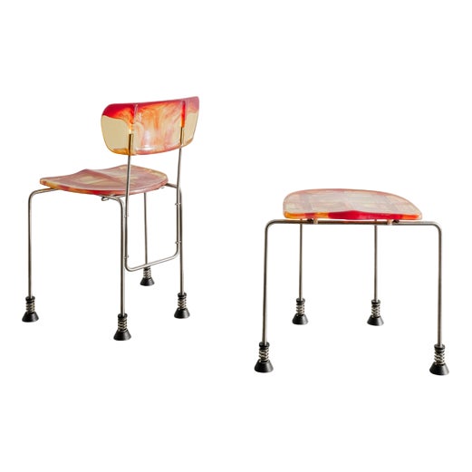 Set of Italian Contemporary Dining Chair & Ottoman in Red-Yellow Resin by Gaetano Pesce for Bernini Italy, 1993 For Sale