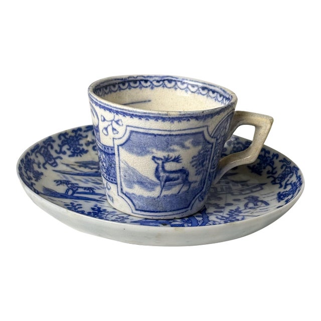 Antique 18th-Century Chinese Export Blue & White Porcelain Cup & Saucer For Sale