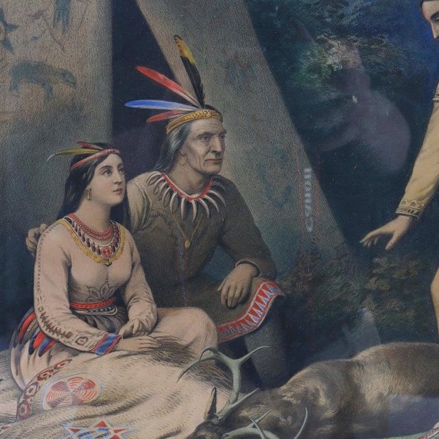 Printmaking Materials Antique Currier & Ives Hand Tinted Lithograph “Hiawatha’s Wooing” C1860 For Sale - Image 7 of 9