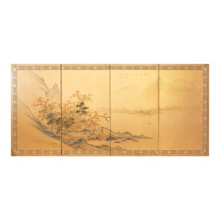 1970s Shōwa Era Japanese Byobu Screen, "At the Bank" For Sale