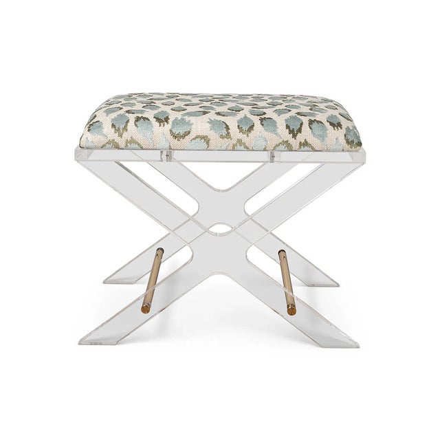 Uber chic clear lucite X shaped accent upholstery--our Delano Bench is the perfect vanity stool and/or designer accent...