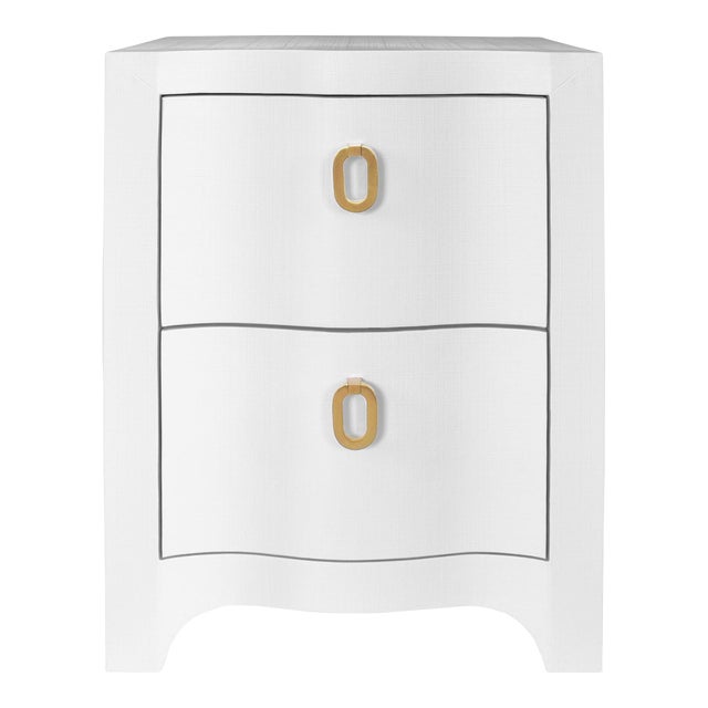 Matthew Izzo Home - Helena Curved Front Two Drawer White Linen Side Table For Sale