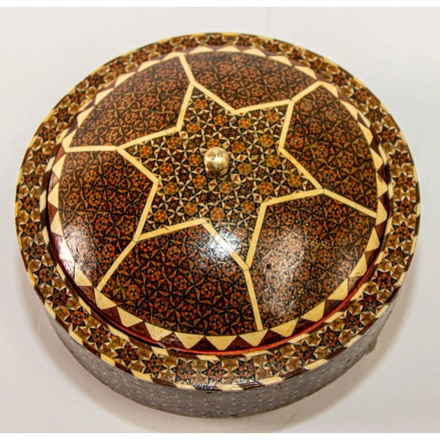 Persian Box Khatam Kari Footed Wooden Round Jewelry Vanity Trinket Moorish Box For Sale - Image 4 of 9