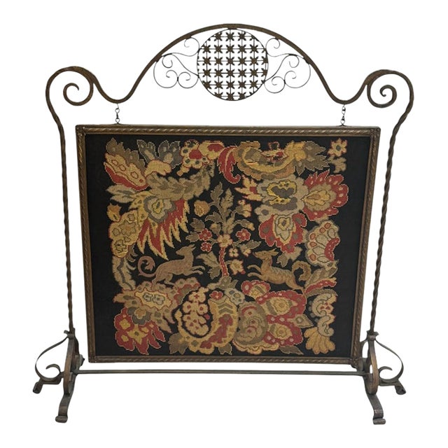 Antique Wrought Iron Needlepoint Fireplace Screen For Sale