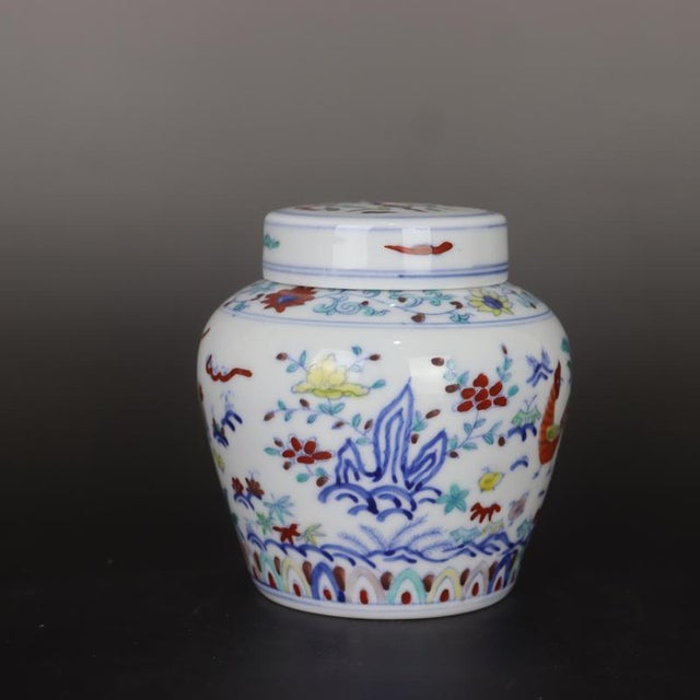 Chinese Early 20th Century Chinese Ceramic Tea Jar China Blue and White Doucai Porcelain Chenghua Tian Marked Jar Hand Painted Chickens Pattern For Sale - Image 3 of 7