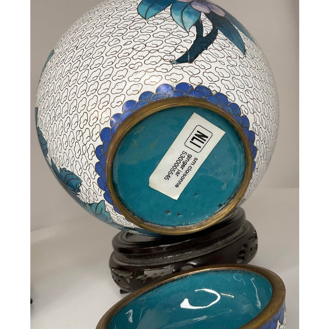 1960s Pair of Cloisonné Lidded Ginger Jars With Stands For Sale - Image 9 of 12
