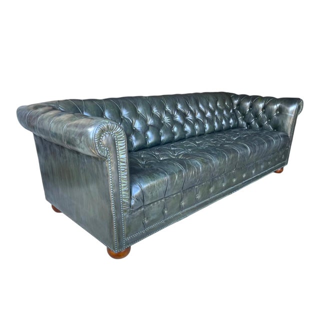 1960s Distressed Olive Green Chesterfield Leather Sofa With Tufted Back & Bun Feet For Sale - Image 10 of 11
