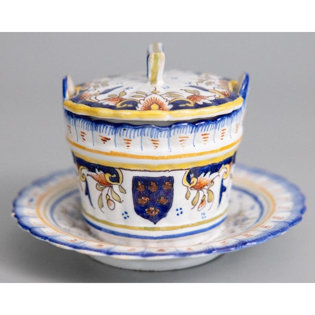 French Provincial Antique French Faience Desvres Lidded Butter Bowl Dish For Sale - Image 3 of 8