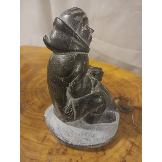 1960s Artist Signed Vintage Inuit Soapstone Sculpture of a Hunter With a Fish For Sale - Image 5 of 6