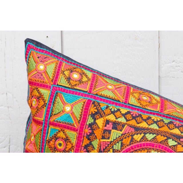 Orange Bright Tribal Swati Embroidered Phulkari Pillow Cover For Sale - Image 8 of 10