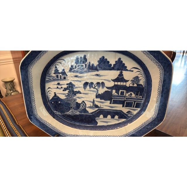 Blue Antique Chinese Canton Large Platter Export Porcelain Blue & White 17"x13” With Wood Display Stand For Sale - Image 8 of 12