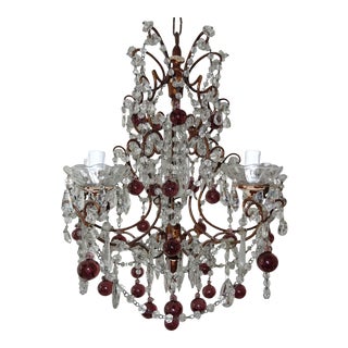 French Amethyst Murano Balls Gilt Wood Crystal Prisms Chandelier C1900 For Sale