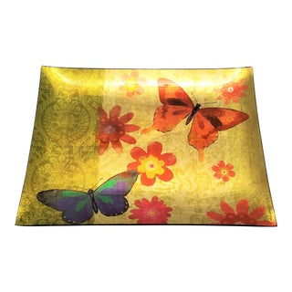 Vintage Glass Butterfly Tray -Mid 20th Century Large Reverse Image With Gold Leaf on Bottom - Boho Chic For Sale
