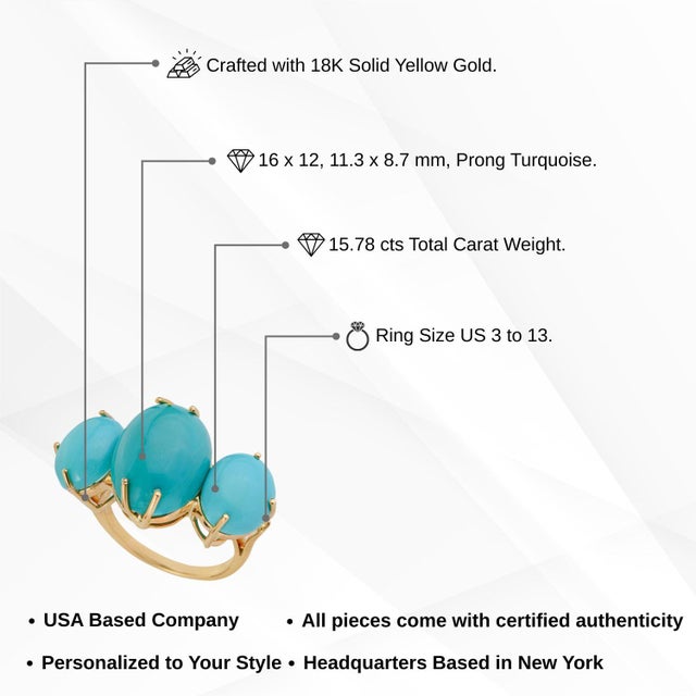 18k Solid Gold Oval 15.78ct Turquoise Three Stone Victorian Ring Size 4 For Sale - Image 13 of 17