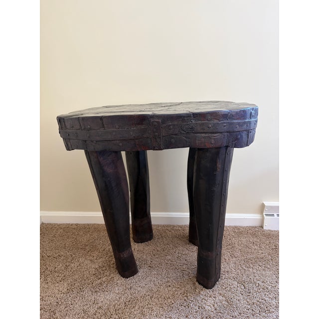 Brown Antique Hand-Carved Wood and Iron Side Table With Sculptural Primitive Form For Sale - Image 8 of 14