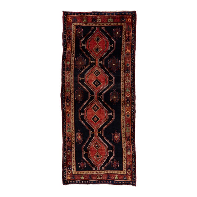 Mid-Century Hand-Knotted Vintage Kurdish Wool Runner With Geometric Medallions For Sale