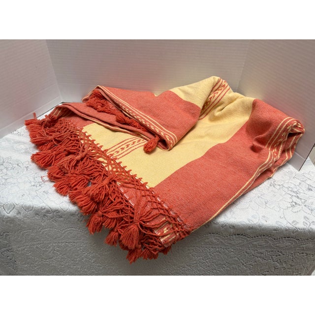 Cheerful large all cotton linen blended blanket, tablecloth or bedspread in marigold yellow and deep tangerine tones with...
