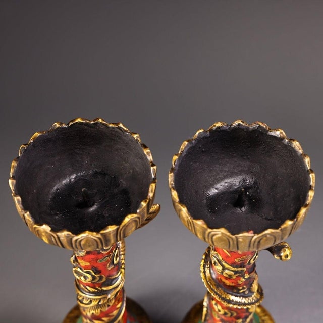 Pair Vintage Gilt Brass Cloisonné Dragon Phoenix Candlesticks, Lotus Top Candle Holders For Sale - Image 4 of 10