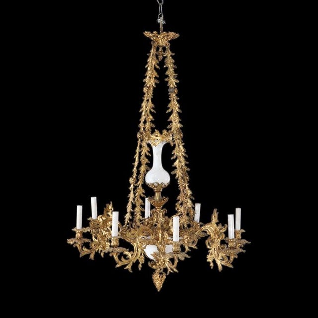 Antique French Louis XIV Gilt Bronze Eight-Light Chandelier With Opaline Glass Inserts 19thC Measures - 43 1/2" x 32" x...