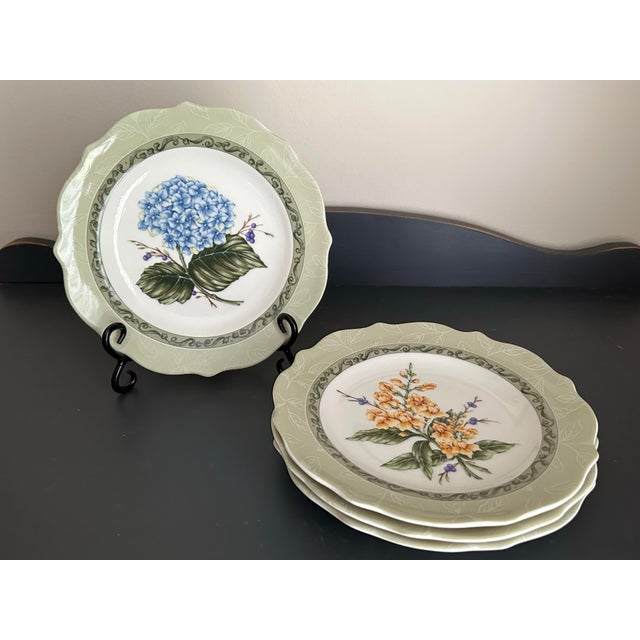 Early 21st Century Early 21st Century Sage Green With Flowers “Vintage Garden” Plates- Set of 4 For Sale - Image 5 of 12
