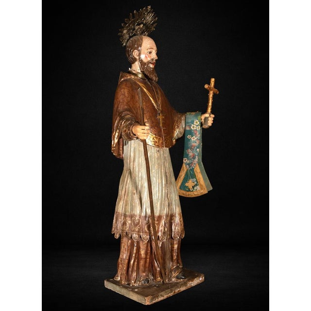 Gold Mexican Artist, Colonial Figure of Saint Francis Xavier, 18th Century, Wood For Sale - Image 8 of 10