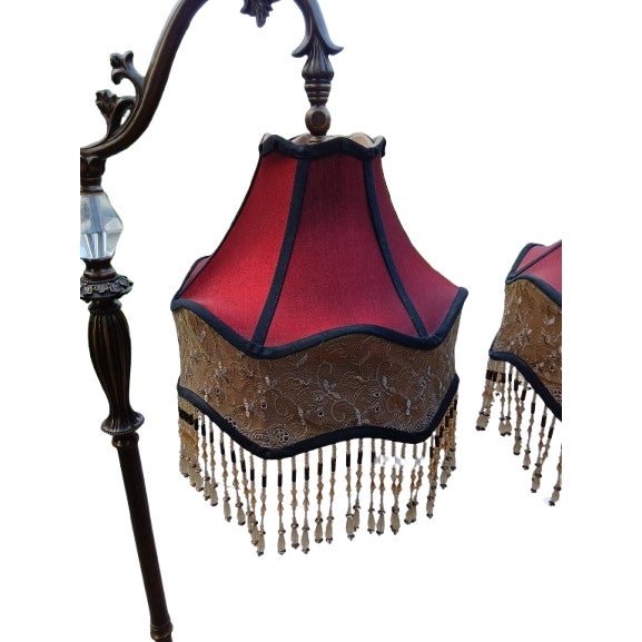 Art Deco 1980s 2 Art Nouveau Style Floor Lamps With Tiffany Lamp Shades With Crystal Tassels For Sale - Image 3 of 5