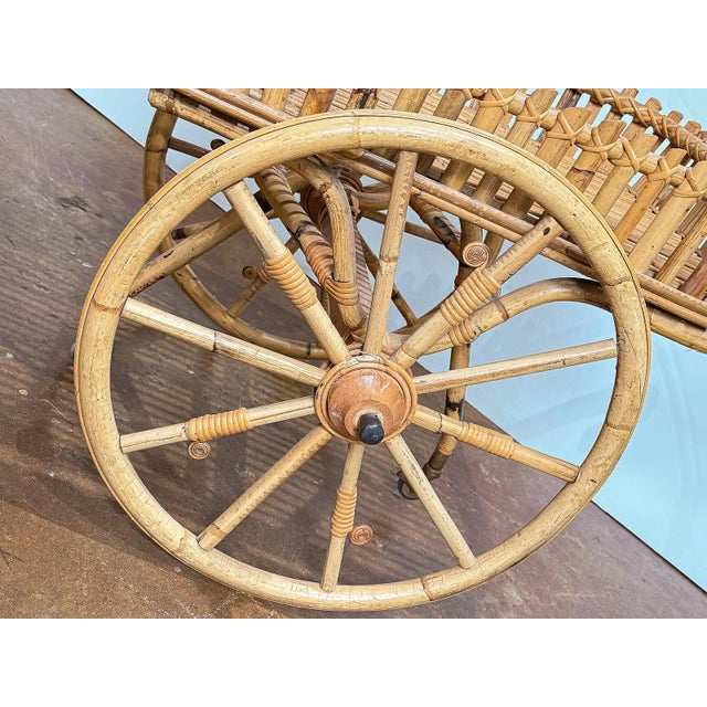 Italian Riviera-Style Bamboo and Rattan Drinks Cart or Trolley - Mid-Century Era For Sale - Image 10 of 15