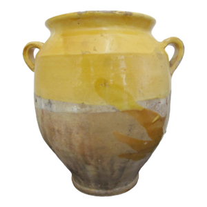 Antique 19thc French Glazed Yellow Confit Pottery Jug Jar W/Handles 10 1/2"