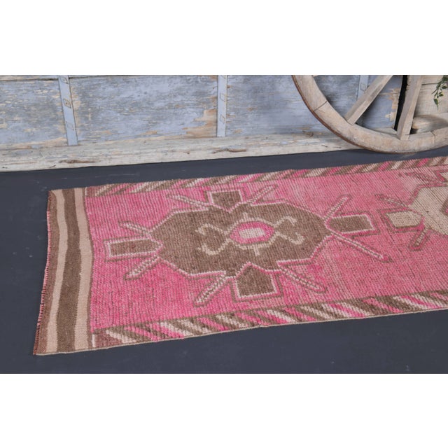 Vintage Turkish Oushak Handmade Wool Cotton Pink Runner Rug For Sale - Image 6 of 9