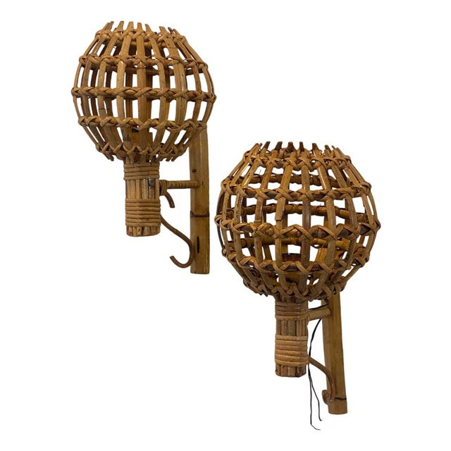 Wood Rattan and Bamboo Wall Lamps, 1970s, Set of 2 For Sale - Image 7 of 7